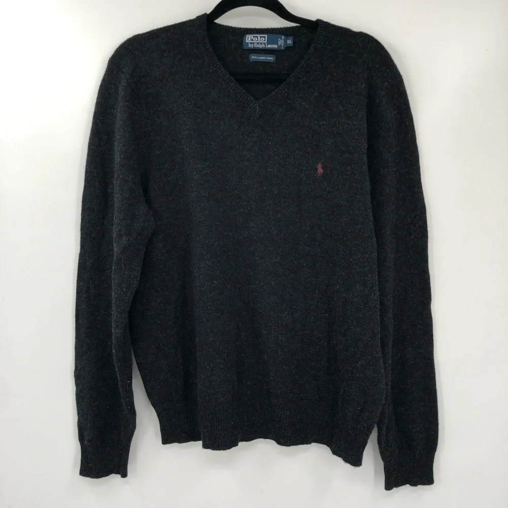 POLO RALPH LAUREN V Neck Sweater Lambswool Vintage XL Grey Black Men LongSleeve
